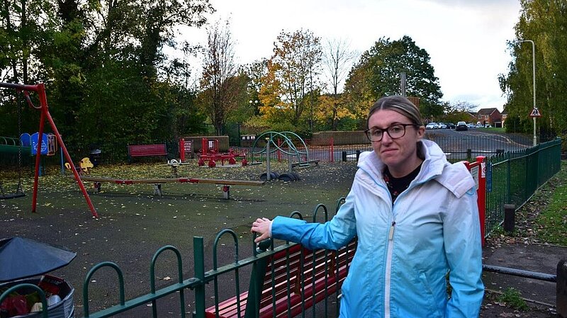 Cllr Kim Tonks surveys the existing delipidated Bratton Play Area