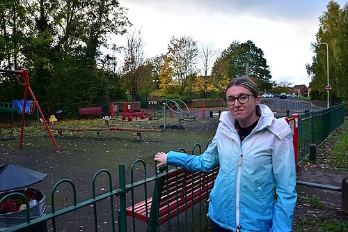 Cllr Kim Tonks surveys the existing delipidated Bratton Play Area