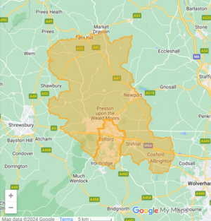 Map showing the area of The Wrekin and Telford Constituencies