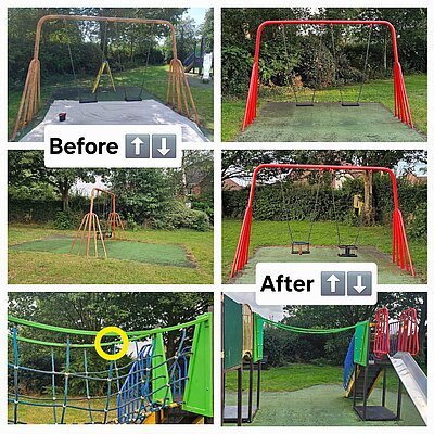 Before and after images showing the repainted swings
